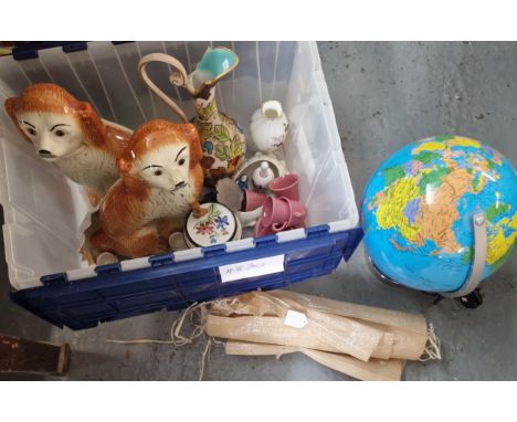 Box of oddments to include: modern illuminated table globe, vases, Staffordshire dogs etc. (B.P. 21% + VAT)