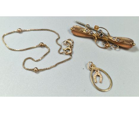Edwardian 9ct gold seed pearl and sapphire bar brooch, together with a 9ct gold bracelet. 3.6g approx. (2)  (B.P. 21% + VAT) 
