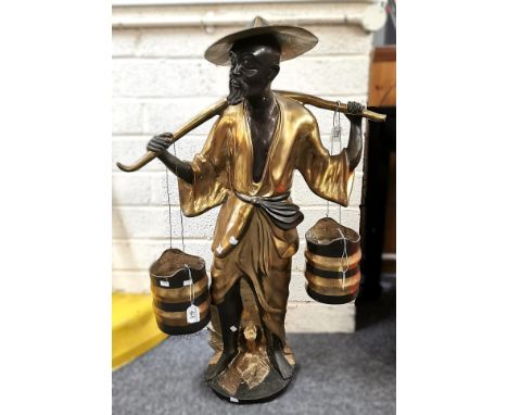 Decorative hollow bronze sculpture of a Chinese water carrier, the man with a yoke, carrying buckets, wearing a hat and robe.
