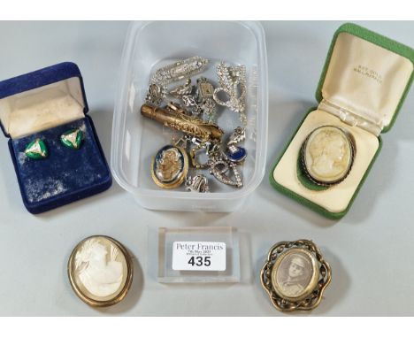 Tub of assorted jewellery to include: Victorian cameo brooch and another cameo style brooch, cocktail watch, brooches, earrin