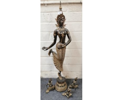 20th century Thai gilt bronze statue of a deity, together with three smaller seated musical figures. The tallest 100cm approx
