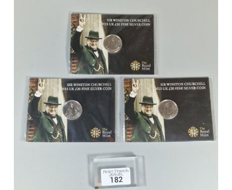 The Royal Mint three Sir Winston Churchill 2015 UK £20 fine silver coins. In original packaging. (3) (B.P. 21% + VAT)