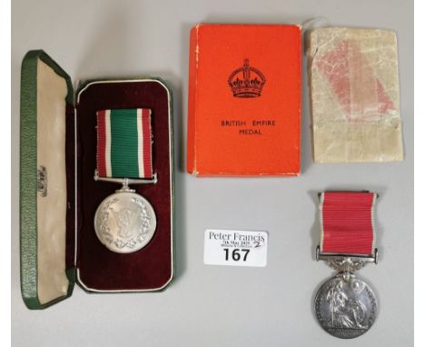 Two (2) boxed medals to include: 'Civil' British Empire Medal (George VI), awarded to 'Ashley F. Fox' (boxed). Together with,