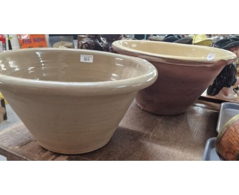 19th century Welsh dairy pan/crochan, together with a stone ware mixing bowl. (2) (B.P. 21% + VAT)