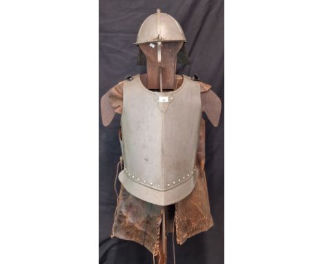 Reproduction Cromwellian design New Model Army lobster tail helmet, with adjustable nose piece, together with breast and back