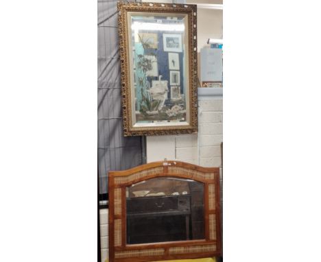 Early 20th century gilt framed bevel plate mirror, hand-painted with swans on a lake, together with another modern hardwood a