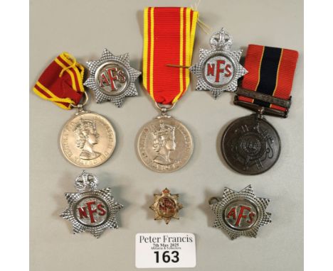 Collection of National Fire Service (NFS) medals and badges to include: Bronze Nationasl Fire Brigade Union Medal (11643 FRES