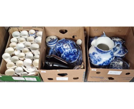 Three boxes of assorted china to include: blue and white transfer printed dinner ware, large baluster floral 'Poppea' jug, co