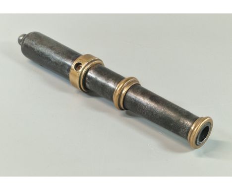 19th century brass banded iron signal cannon with gimble mounts. 22cm long approx. (B.P. 21% + VAT)
