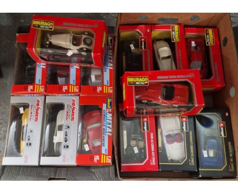Two boxes of Ravel, Burago and Majorette 1:24 scale diecast model vehicles to include: Ferrari 250 Testa Rossa etc. (14)  (B.