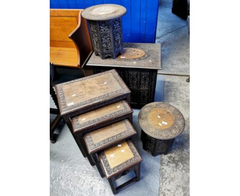 Collection of Anglo Indian hardwood furniture, to include: two similar lamp tables and side cabinet, together with Chinese qu