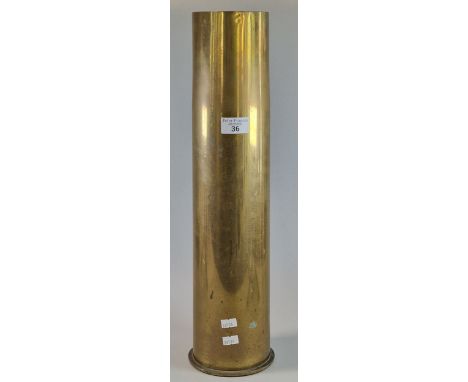 WWI German 10.5cm brass shell case. Marked 'KARTH' over '507, PATRONENFABRIK KARLSRUHE'. Dated Aug 1917. Also marked with 'fl