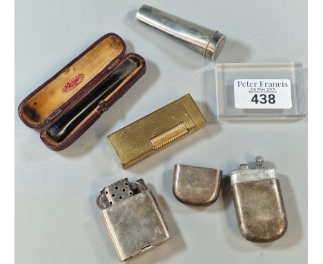 Two vintage silver lighters, one marked Orlik 1926, together with a gold plated lighter,  cheroot holder in fitted case and a