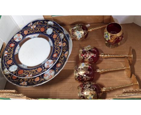 Set of four ruby and gilt hock glasses, together with a brandy balloon glass and some Cauldon 'Dragon' design plates etc. (B.