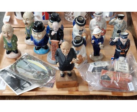 Tray of Winston Churchill and similar WWII ceramics and other items to include: various Kevin Francis miniature Toby Jugs, a 
