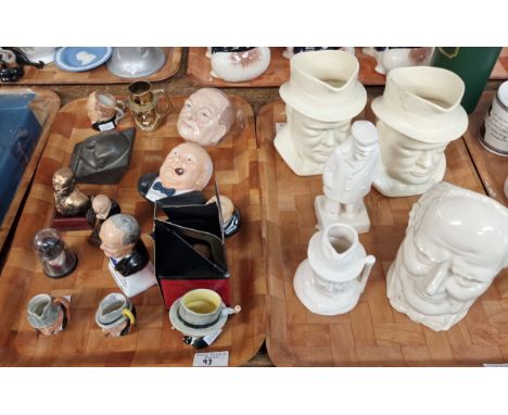 Two trays of assorted ceramics and composition and other Winston Churchill related items to include: Winston Churchill loving