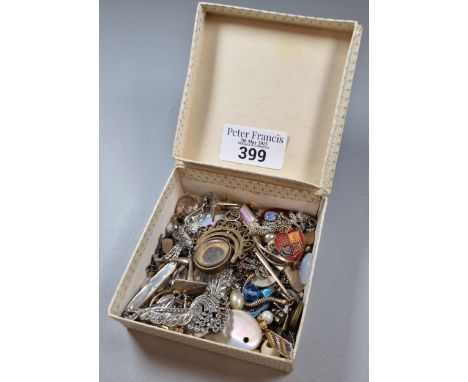 Box of assorted jewellery to include: small gimballed compass gilded fob, pendants, cufflinks, dress ring, earrings marcasite