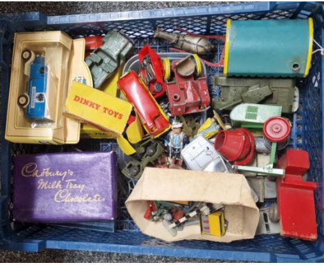 Collection of vintage playworn diecast model vehicles, figurines, plastic soldiers etc. to include: Dinky Toys 255 Mersey Tun