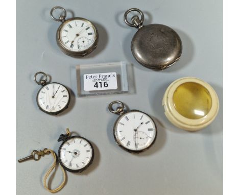 Group of assorted pocket watches to include: two silver key wind fob watches, a silver key wind fob watch, another and anothe