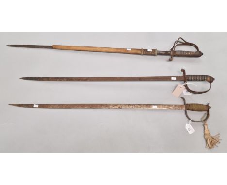 Two British Army swords in relic condition, one with partial scabbard, together with a Naval design sword with brass single b