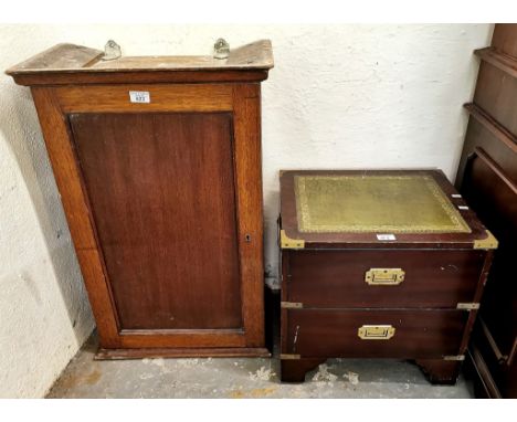 19th century mahogany blind panelled hanging cabinet, with fitted shelves, together with a reproduction mahogany finish leath