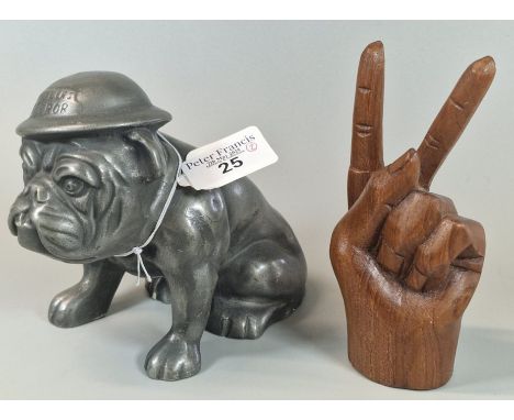 WWII propaganda, metal figurine of a Bulldog wearing a helmet inscribed 'Hitler's Terror'. 14cm high approx. Together with a 