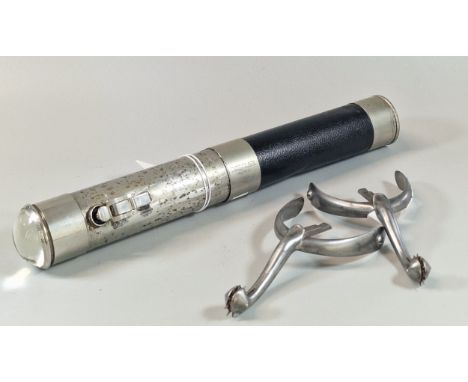 WWII British Eveready torch, marked with broad arrow (crows foot) and dated 1940. Also included a pair of spurs marked 'Hawke