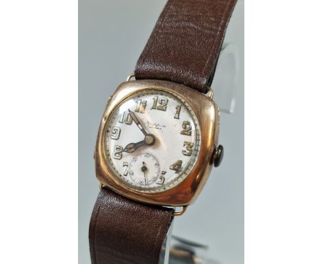 Mappin vintage 9ct gold boys size cushion shaped wristwatch, with circular white face, having Arabic numerals and seconds dia