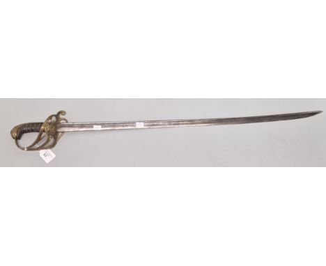 British Army Infantry Officer's sword, 1822 pattern, with 77cm pipe backed single edged inlaid, brass multi-bar crested hilt,