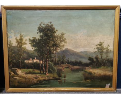 Continental School (19th century), Spanish or Italian river landscape with distant hilltop fort, figures and trees. Oils on c