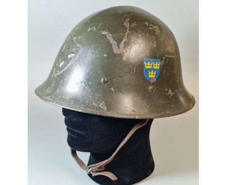 Interwar Sweden M21 (18), 2nd Pattern, high top, double decal steel helmet, with steel headband and leather chinstrap. (B.P. 