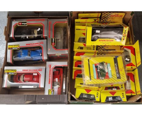 Two boxes of diecast model vehicles in original boxes to include: Burago and Sportscar Collection, Sportscar and Maisto Super
