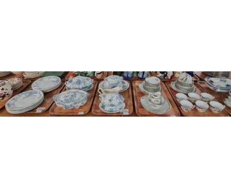 Five trays of assorted china to include: Art Nouveau design transfer printed part dinnerware items, tureens, plates etc. and 
