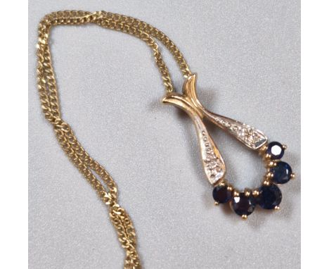 9ct gold fine link chain, with diamond and sapphire pendant. 2.9g approx.  (B.P. 21% + VAT)