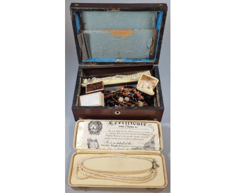 19th century rosewood and mother of pearl inlaid box, the interior revealing assorted jewellery to include: Ciro pearl neckla
