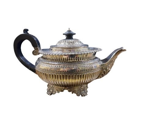 George IV Regency style silver teapot, William Eaton, London 1820, 759 grams approx. With fluted and embossed scroll decorati