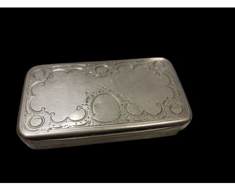 Good Quality Continental Silver Snuff Box. Vacant cartouches. Simple scroll and swirl border decoration. Gilded interior with