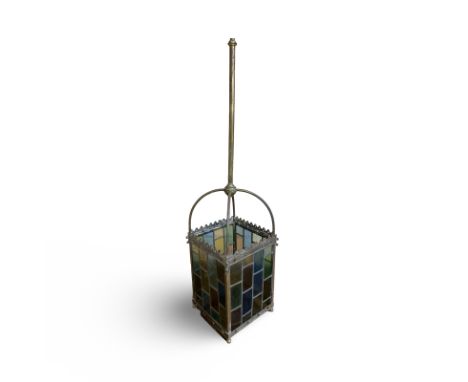 A large early 20th century stained glass panel hanging lantern Multicoloured stained glass panels mounted in lead, with brass