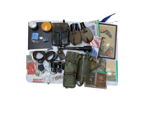 A large collection of German WW2 Third Reich military issue field gear and uniform to include two flasks, unopened pack of "S