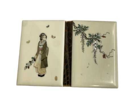 A Japanese Meiji period c1900 card case with relief decoration Front and back panels in ivory (REF:ZLXWNGVC) mounted with mot