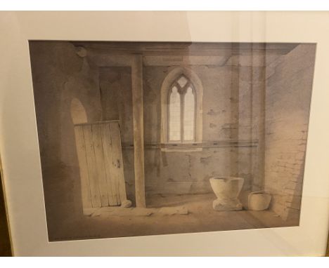East Anglian Art. Gerard Stamp, Watercolour, The Old Font, Yatton, Somerset  Size: Image 39 x 54 cms approx,   Frame 63.5 x 7