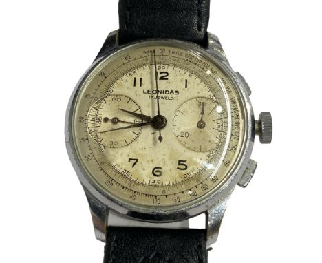 Leonidas 17 jewel chrono twist-wind gents wristwatch, c1950-1955

Dagger hands, sweep seconds, steel cased, base metal bezel,