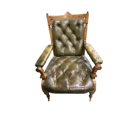 Good Quality Button Back/Seated Leather Edwardian Armchair with inlaid decorated framework.  Condition: Good and nicely aged 
