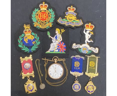 A collection of RAOB jewels including two in silver, five various British military uniform patches plus a gold plated gentlem