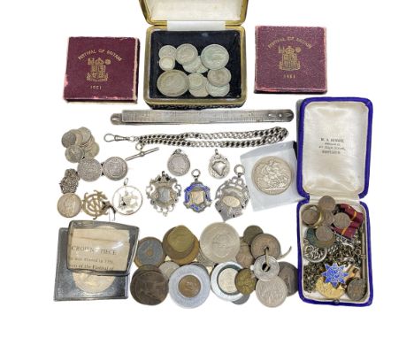 A gents early 20th century silver albert chain, together with a collection of silver fobs, chains, brooches and coins.
 To in