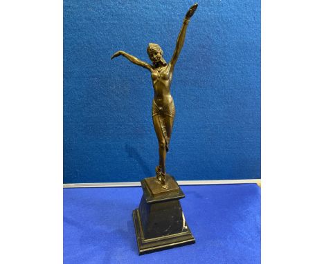 Art Deco Bronze of a topless lady with outstretched mounted on a marble base Height: 56 cms approx Base: 15 cms square approx