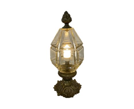 C.1920 large French Heavy Cast Brass Lantern with faceted glass shade. Can be used as either a table lamp or a hanging lanter