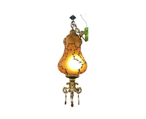 Vintage Gilt Metal and Glass Lantern with clear and amber droplets.Drop: 75 cmsCondition: Excellent with no issues and in ful