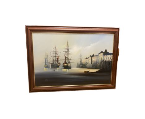 Barry Hilton, Oil on Canvas. Ships at Anchor in Moonlit Docks. Framed size: 62.5 x 88 cms. Image Size: 50 x 75 cms. Condition