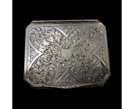 Highly Decorative Continental Silver Snuff Box. Vacant cartouche. Intricate scroll chasing to lid and sides. Maker: VR. 800 g
